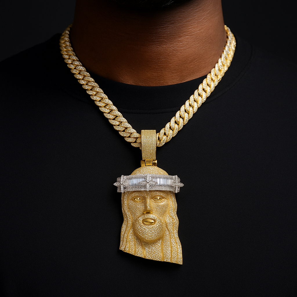 Baguette Crown Of Clovers Jesus Head Pendant - Different Drips