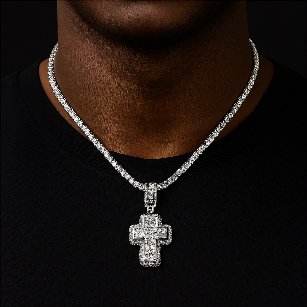 Center Stone Outlined Baguette Cross Pendant - Different Drips