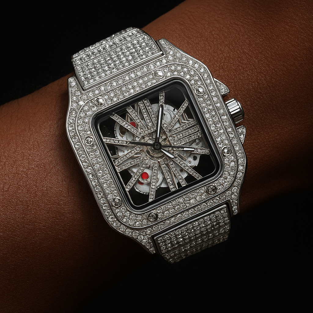 Iced Roman Numeral Square Skeleton Watch - Different Drips