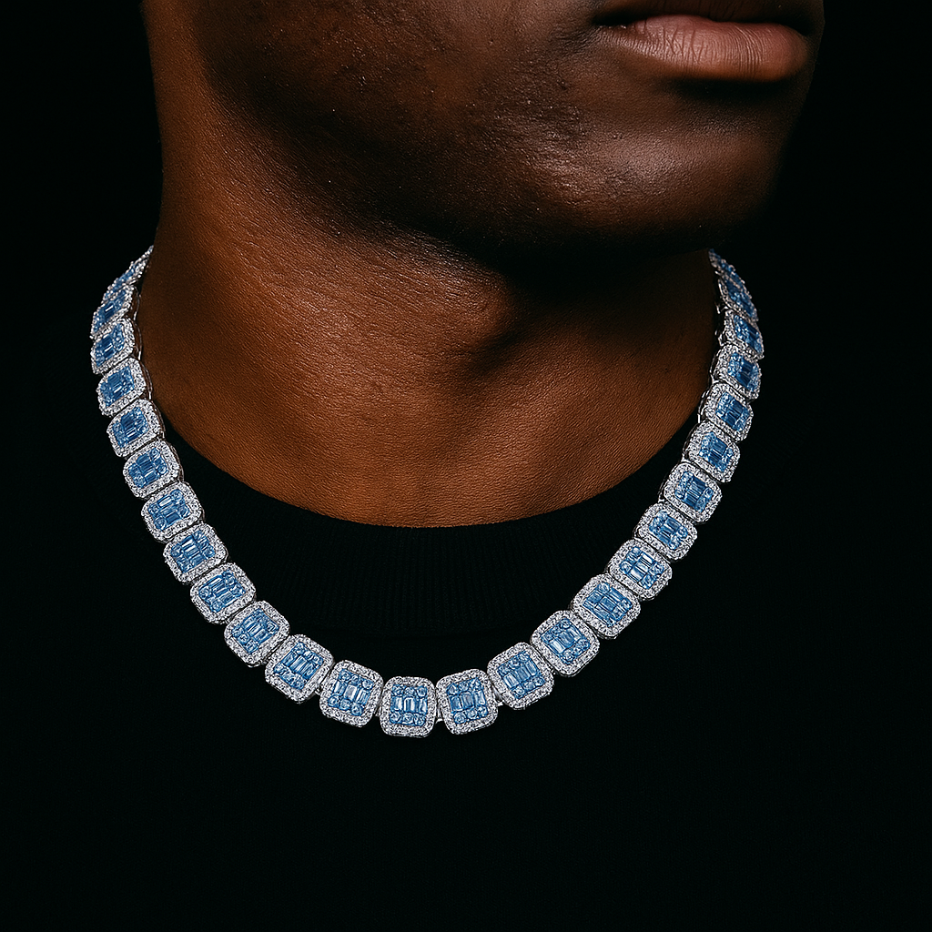 13mm Blue Baguette Tennis Chain in White Gold - Different Drips
