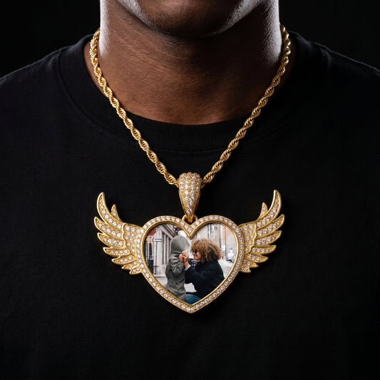 Custom Angel Wings Heart Photo Pendant - Different Drips