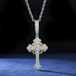 S925 Moissanite Two-Tone Cross Pendant with Crown Halo Detail - Different Drips
