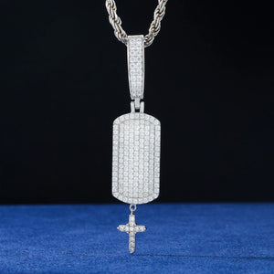 S925 Moissanite Iced Dog Tag Pendant with Dangling Cross - Different Drips