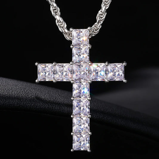 S925 Moissanite Square Cut Cross Pendant - Different Drips