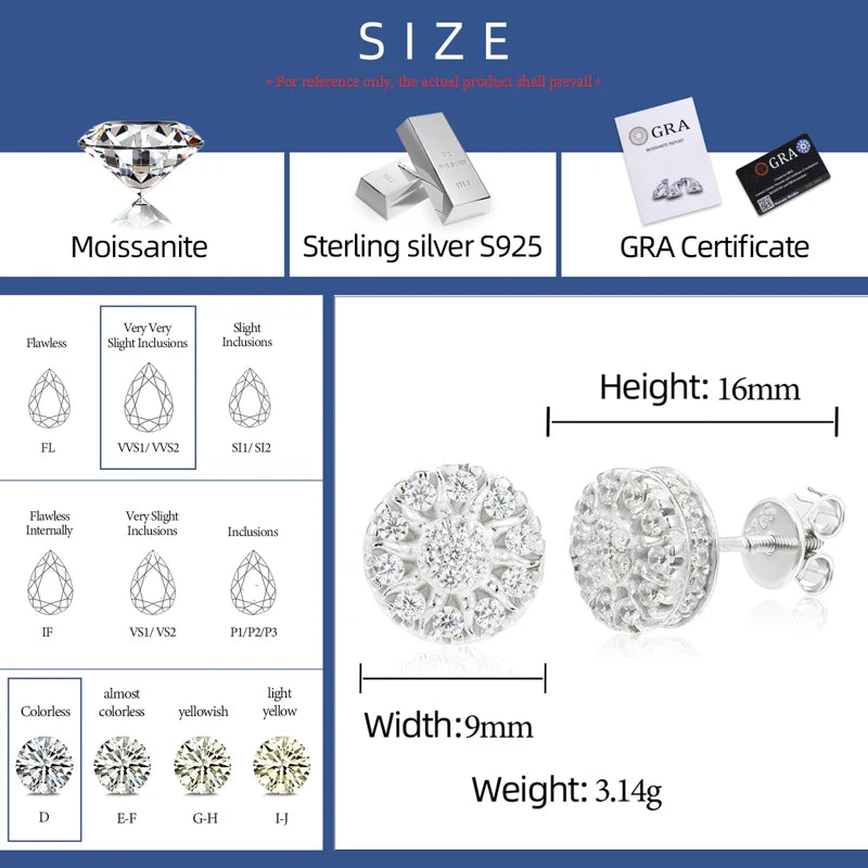 925 Sterling Silver Iced Round Sunflower Moissanite Stud Earrings - Different Drips