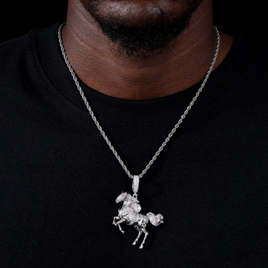 925 Sterling Silver Iced Out Moissanite War Horse Pendant - Different Drips