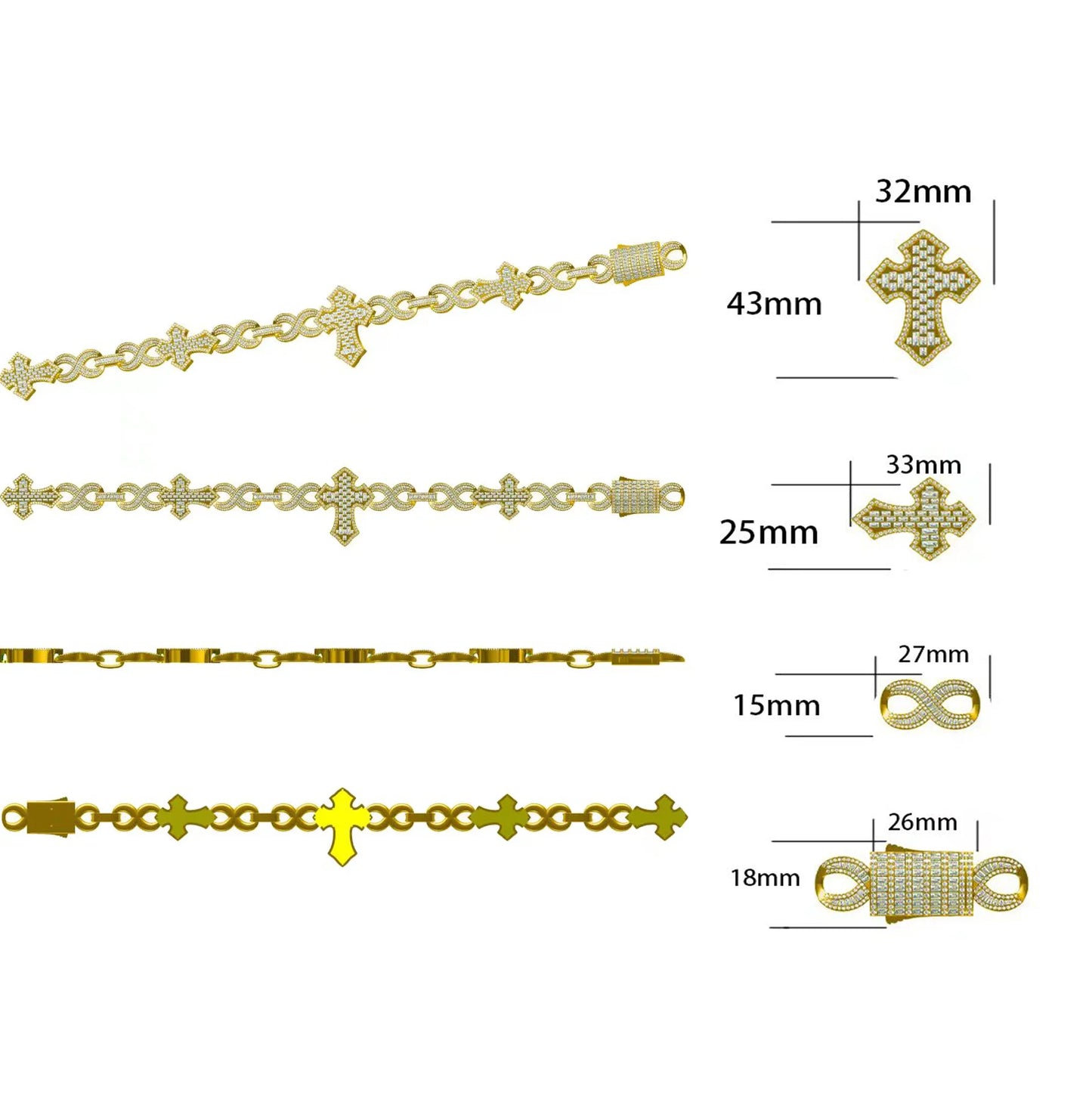15mm Baguette Cross Stationed Infinity Link Chain - Different Drips