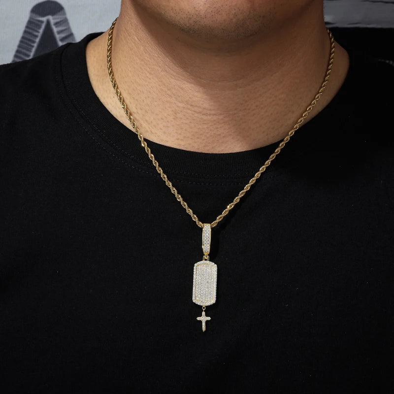 S925 Moissanite Iced Dog Tag Pendant with Dangling Cross - Different Drips
