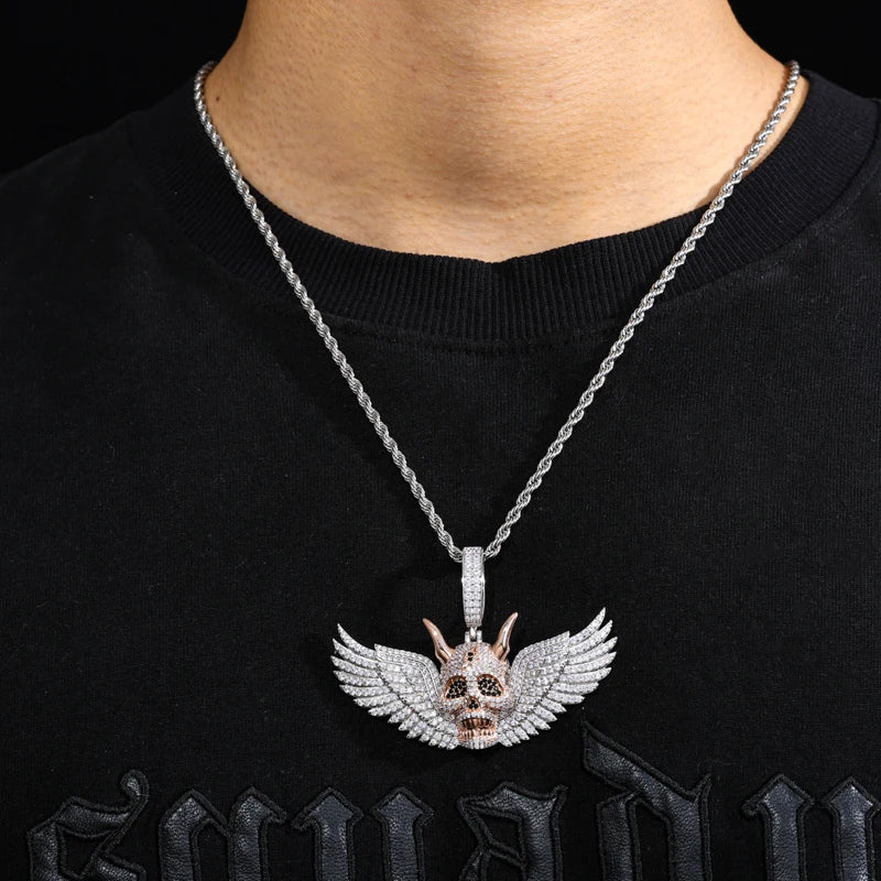 S925 Moissanite Diamond Winged Demon Skull Pendant - Different Drips
