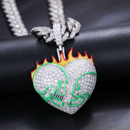 S925 Moissanite Glow In The Dark Flame Skull Heart Pendant - Different Drips