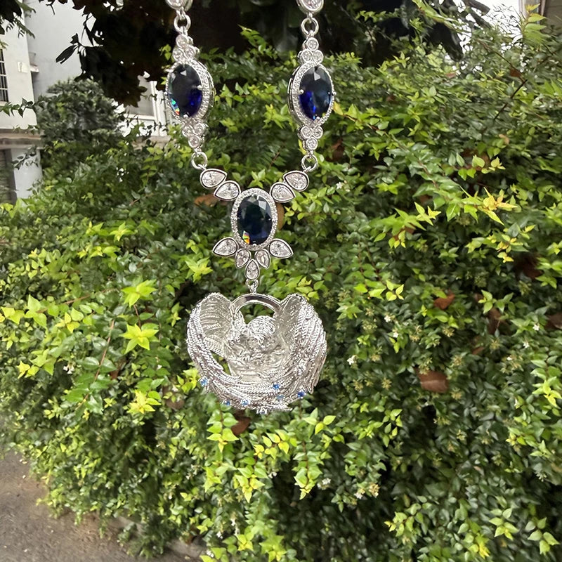 Iced Angel Blue Sapphire Pear Cut Pendant