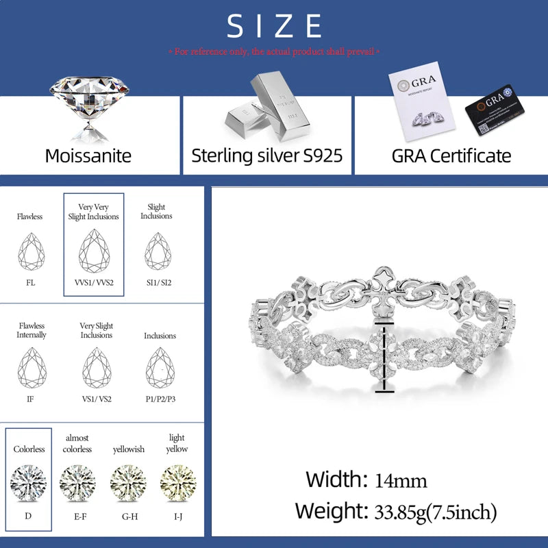925 Sterling Silver Iced Out Moissanite Cross Link Bracelet - Different Drips