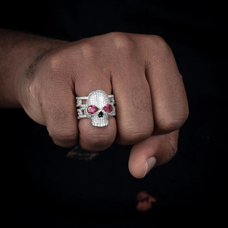 S925 Moissanite Diamond / Ruby Skull Cuban Ring - Different Drips