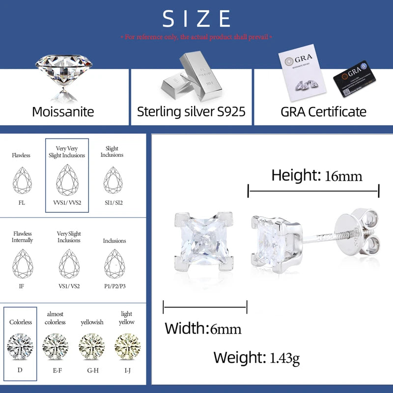 925 Sterling Silver Princess Cut Moissanite Stud Earrings - Different Drips