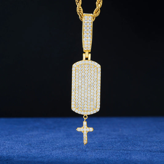 S925 Moissanite Iced Dog Tag Pendant with Dangling Cross - Different Drips