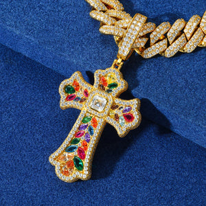 Moissanite Rainbow Budded Cross Pendant - Different Drips