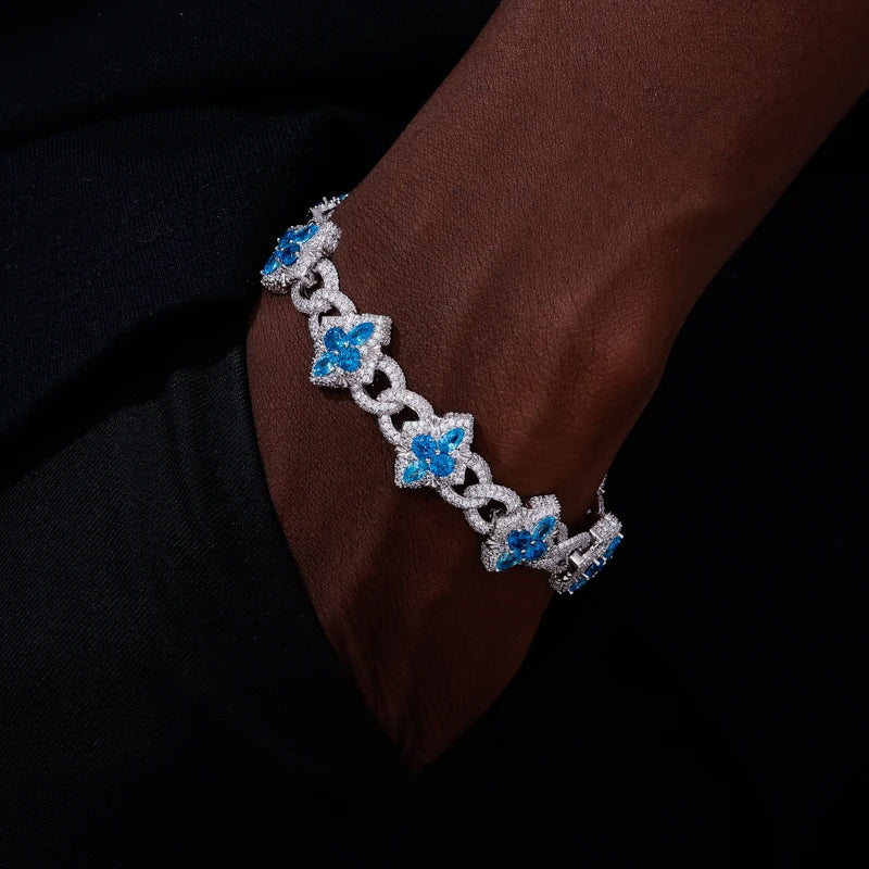 925 Sterling Silver Iced Moissanite Clover Halo Link Bracelet - Different Drips