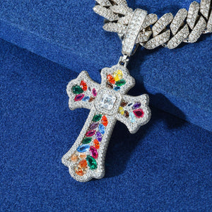 Moissanite Rainbow Budded Cross Pendant - Different Drips