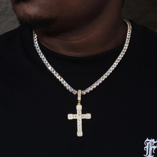 Basket-Weave Iced Moissanite Cross Pendant - Different Drips