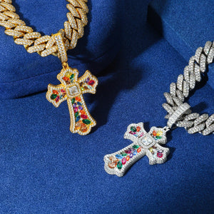 Moissanite Rainbow Budded Cross Pendant - Different Drips