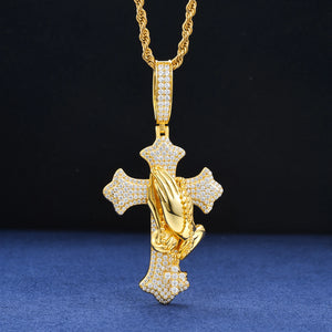 S925 Moissanite Praying Hands Cross Pendant - Different Drips