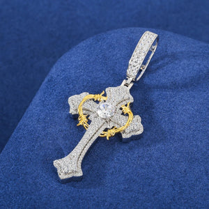 S925 Moissanite Two-Tone Cross Pendant with Crown Halo Detail - Different Drips