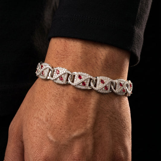 925 Sterling Silver Iced Red Stone Moissanite Mariner Link Bracelet - Different Drips