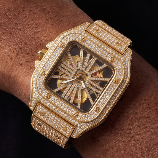 Iced Roman Numeral Square Skeleton Watch - Different Drips