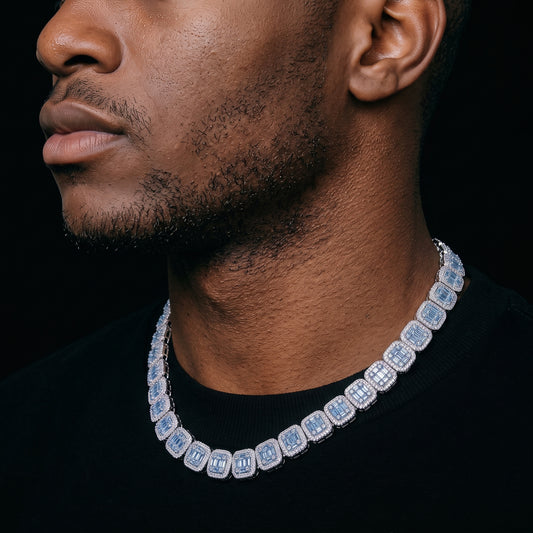 13mm Blue Baguette Tennis Chain in White Gold - Different Drips