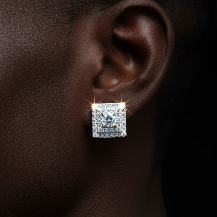 Square Pavé Halo Moissanite Stud Earrings - Different Drips
