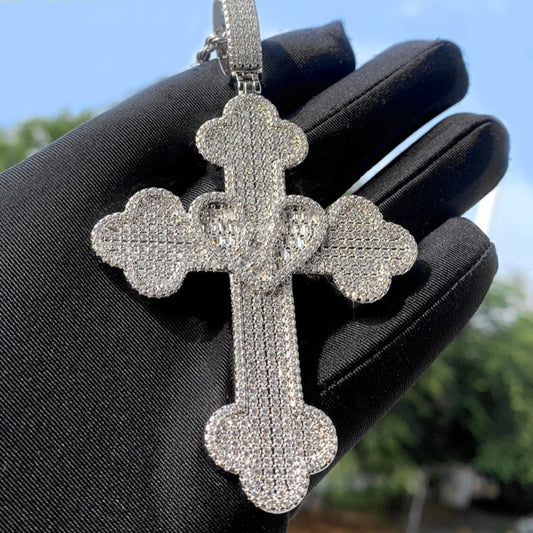 Iced Baguette Heart Cross Pendant - Different Drips