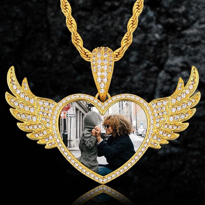 Custom Angel Wings Heart Photo Pendant - Different Drips