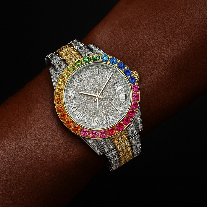 Iced Multi-Color Roman Numeral Watch - Different Drips