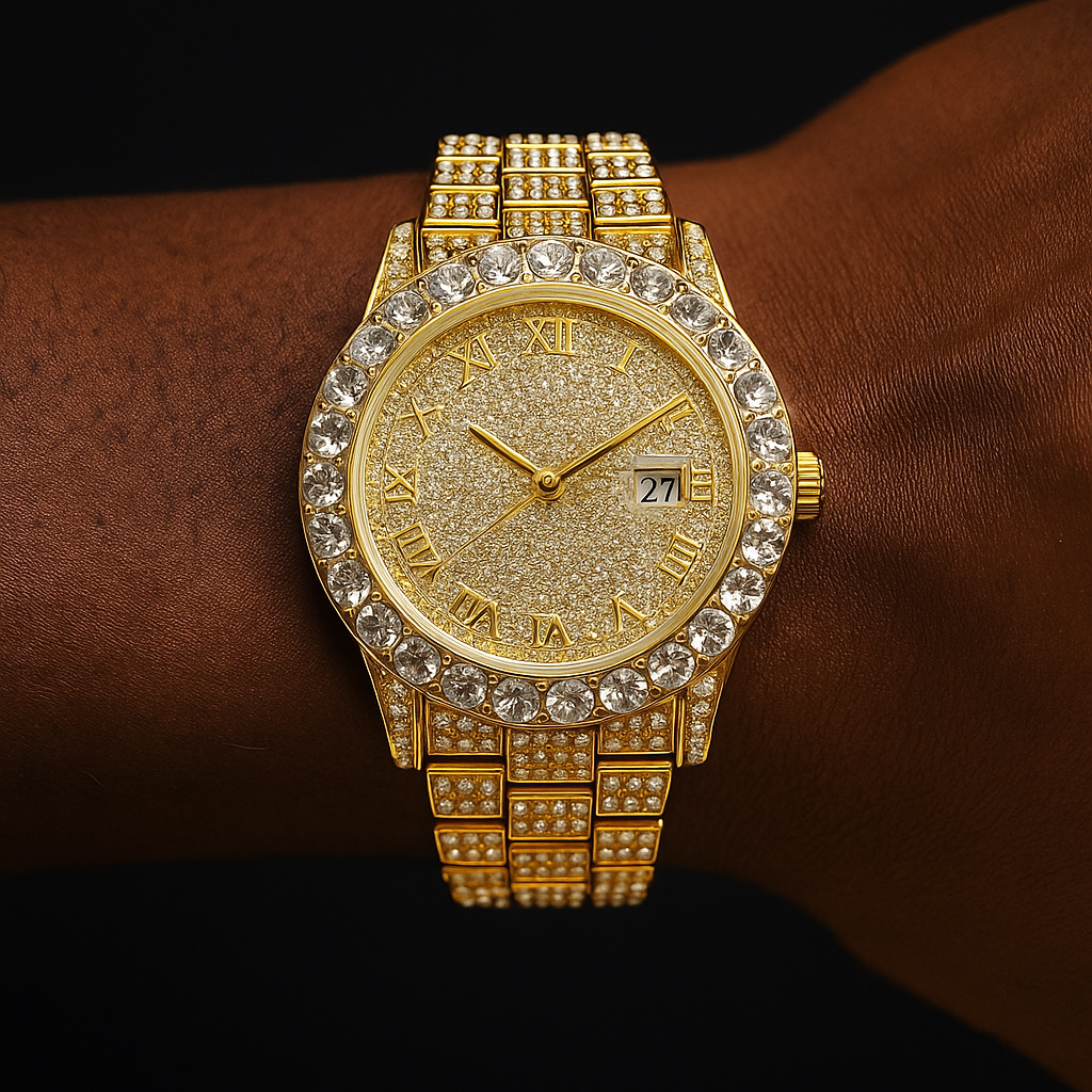 Iced Round Cut Roman Numeral Watch - Different Drips