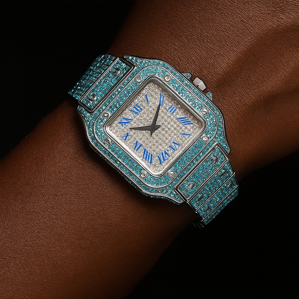 Iced Square Cut Roman Numeral Watch - Different Drips