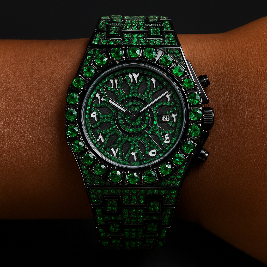 Fully Iced Green Arabic Numeral Watch - Different Drips