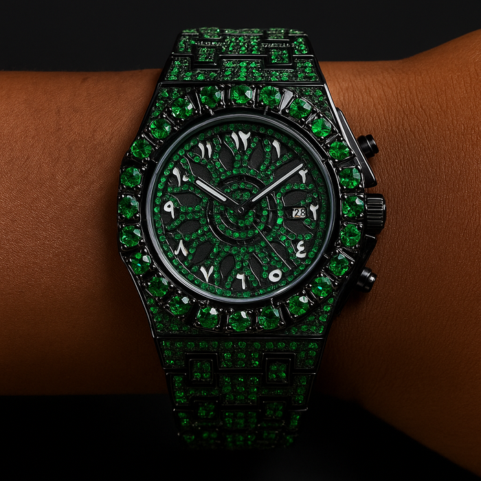 Fully Iced Green Arabic Numeral Watch - Different Drips