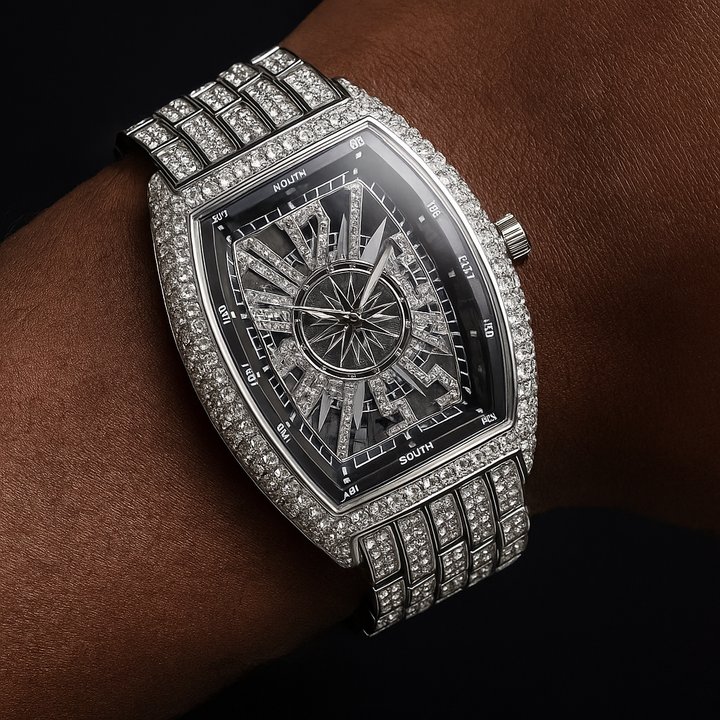 Iced Tonneau Shaped Compass Watch - Different Drips