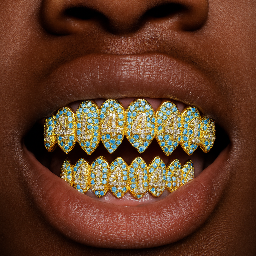 Yellow Gold 1414 Iced Out Fang Grillz - Different Drips