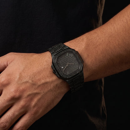 Green Iced Square Face Black Metal Watch