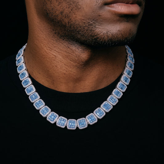 13mm Blue Baguette Tennis Chain in White Gold - Different Drips