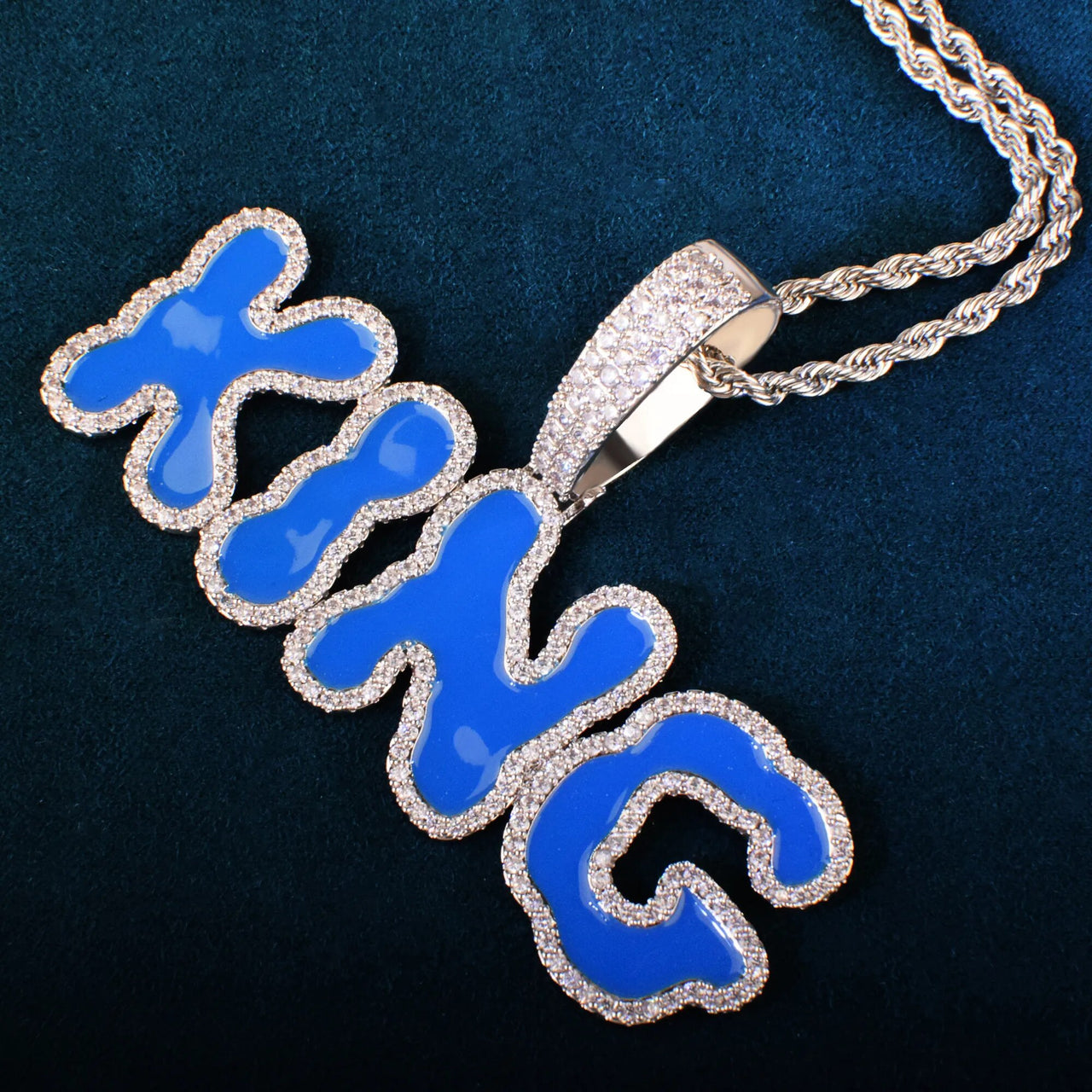 Blue Enamel Wavy Custom Letter Pendant - Different Drips