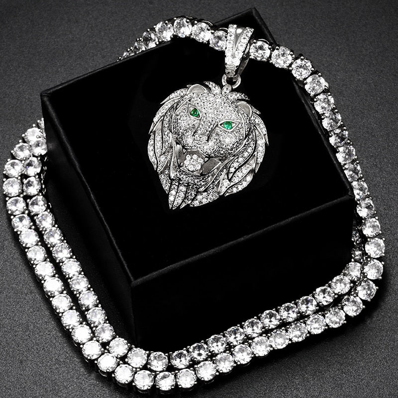Iced Lion Head with Emerald Eyes Pendant - Different Drips