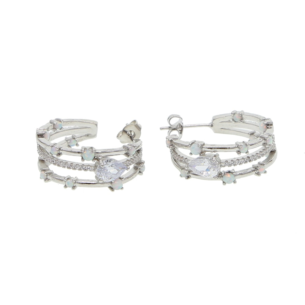 S925 Women's 3 Row Pear Centered Huggie Earrings - Different Drips