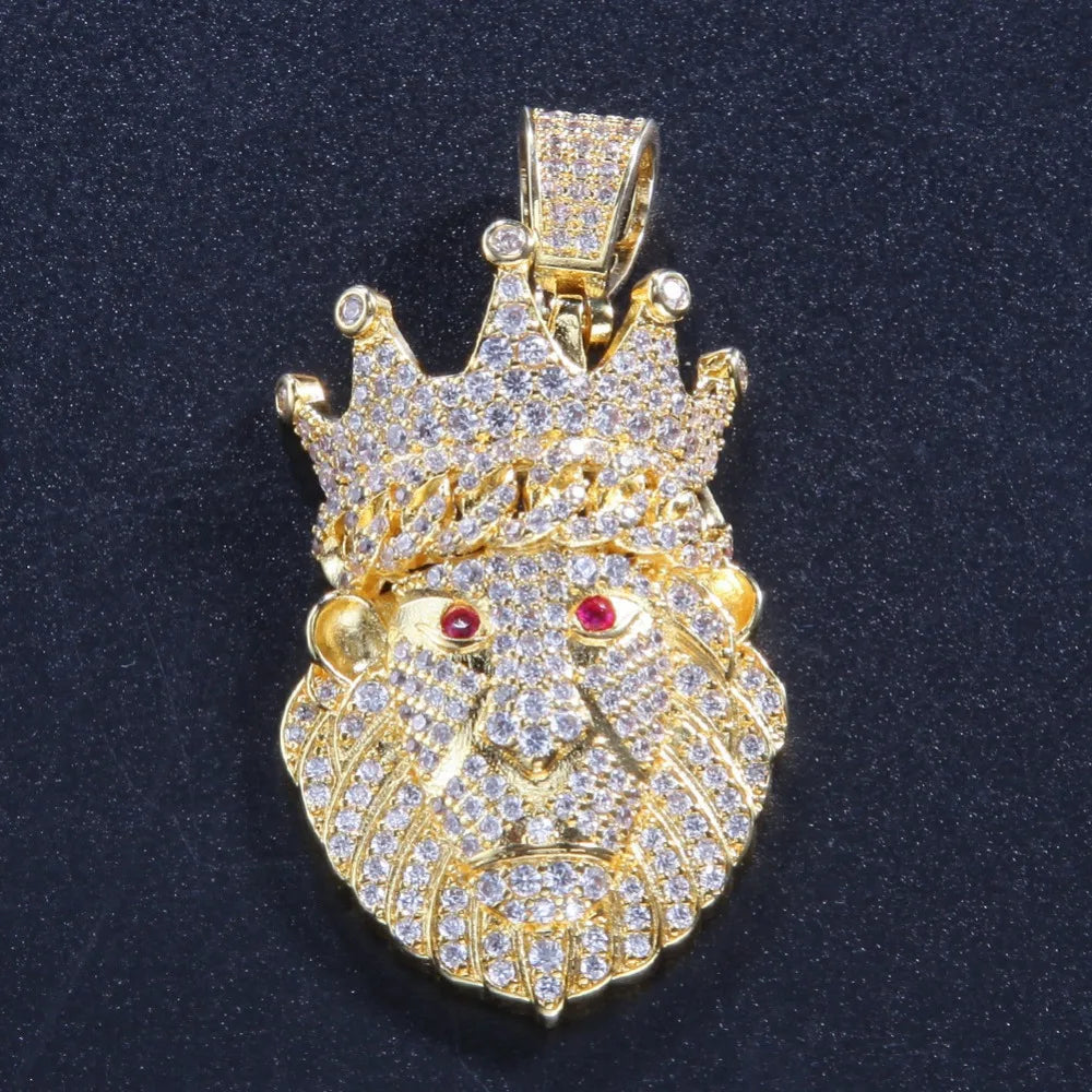 Iced Out Crown Lion Head Pendant - Different Drips