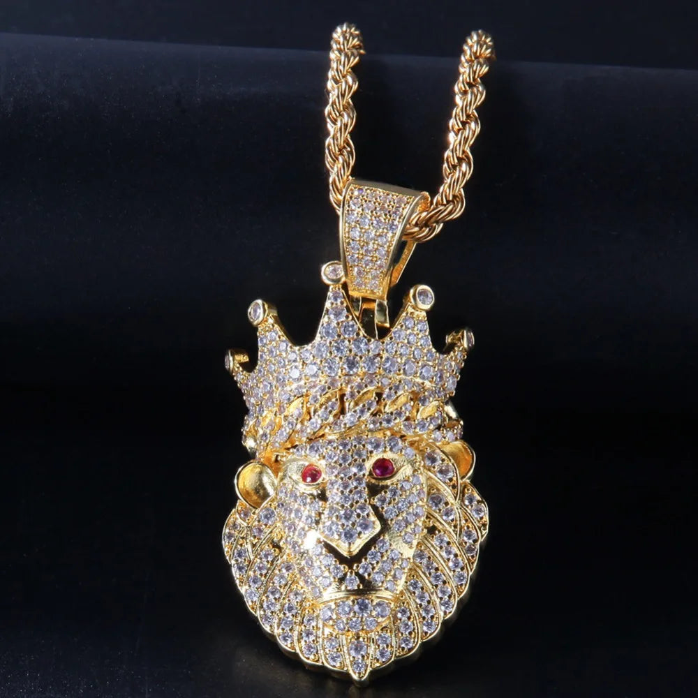 Iced Out Crown Lion Head Pendant - Different Drips