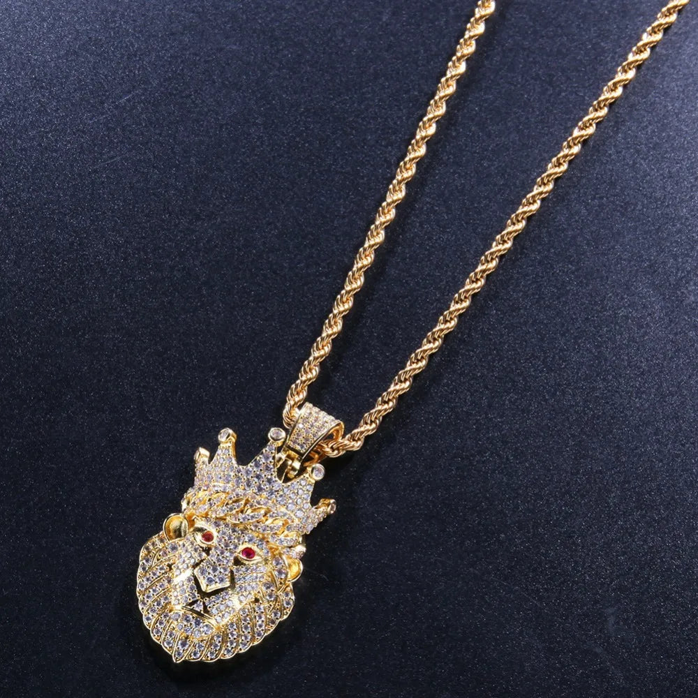 Iced Out Crown Lion Head Pendant - Different Drips
