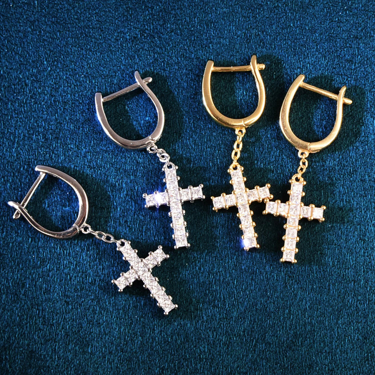 Diamond Baguette Cross Dangle Earrings - Different Drips
