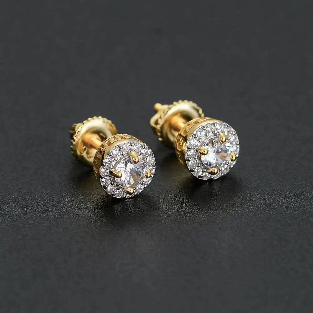 S925 Gold Round Cut Halo Stud Earrings - Different Drips