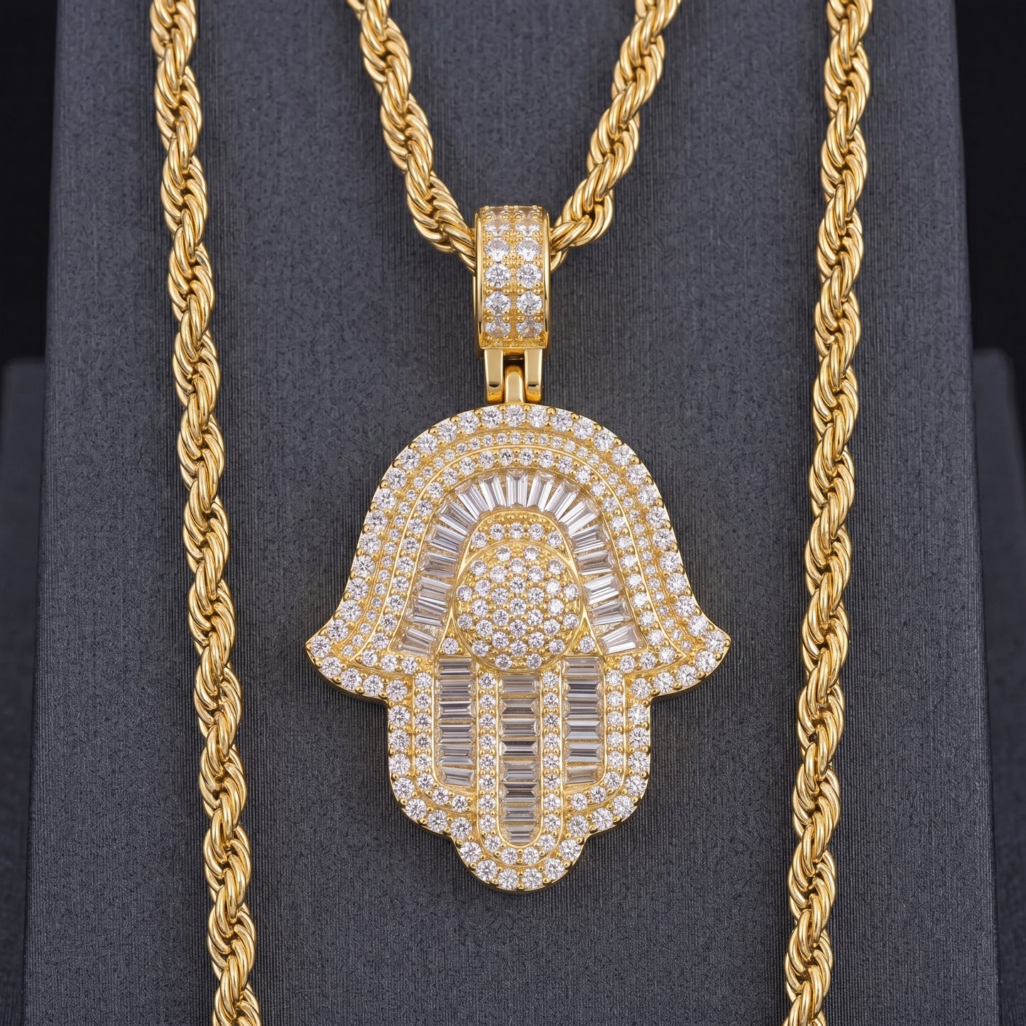 Yellow Gold Baguette Hamsa Hand Pendant